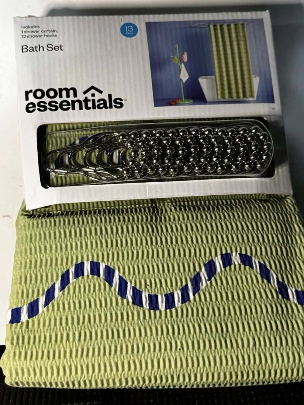 Room Essentials 13-Piece Bath‎ Set Green Seersucker Shower Curtain & Hooks 72x72